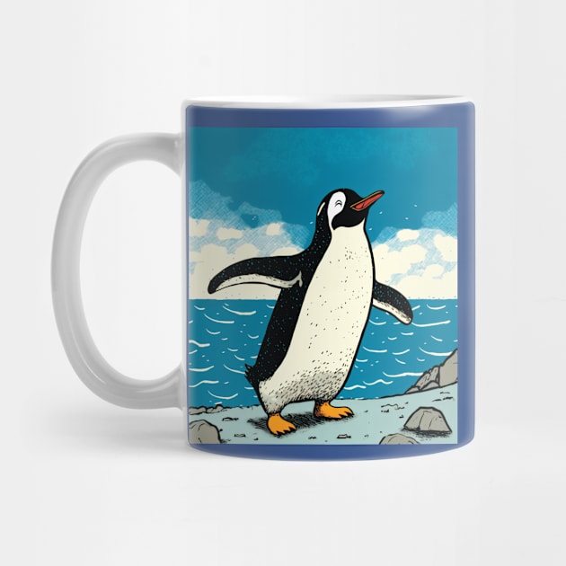 Happy Penguin jumping out of the ocean and shaking water from its feathers by Geminiartstudio